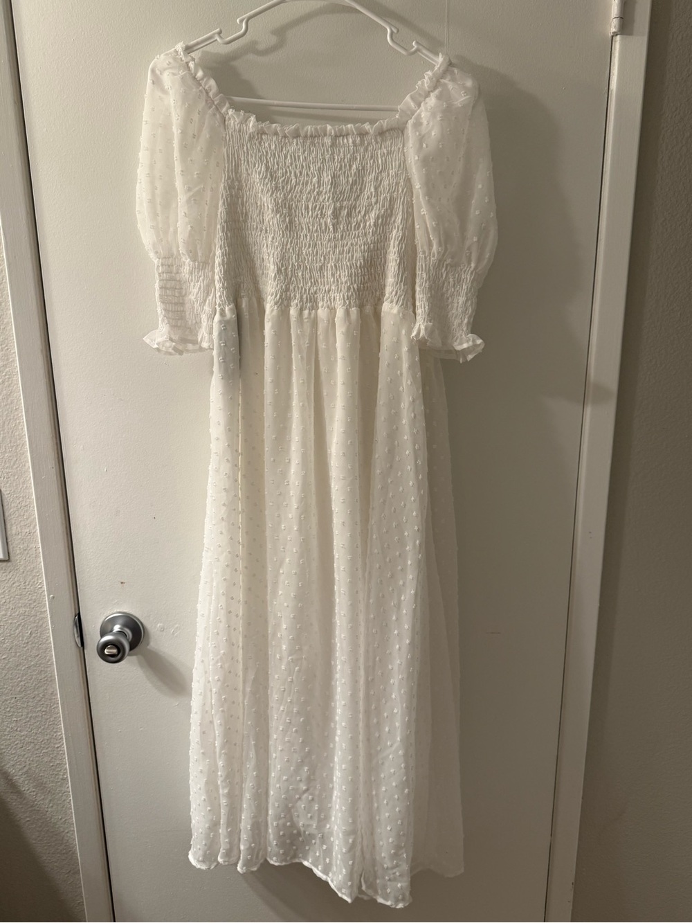 White Swiss Dot Puff-Sleeve Midi Dress